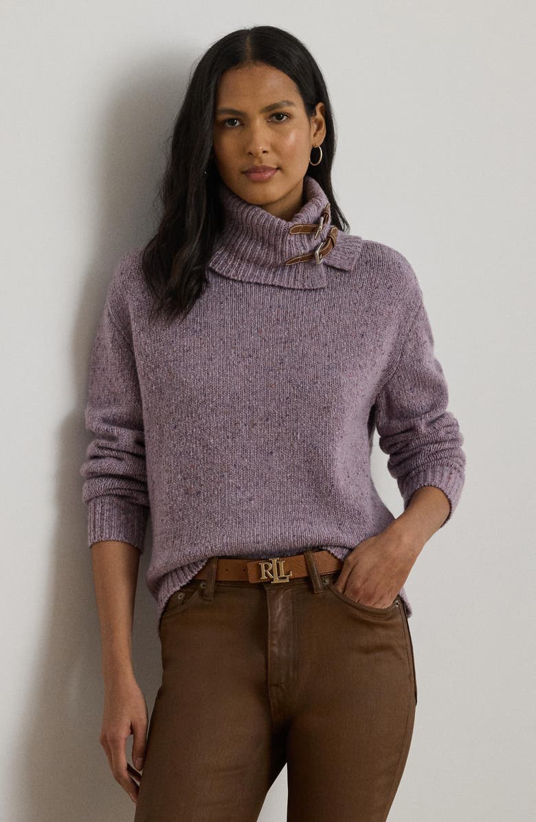 Lauren Ralph Lauren Wool Blend Buckle Trim Turtlneck Sweater, Alternate, color, Lavender Frost Donegal