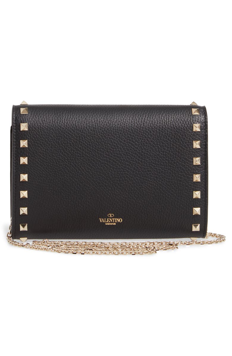 Valentino Garavani Rockstud V-Flap Calfskin Leather Wallet on a Chain, Alternate, color,