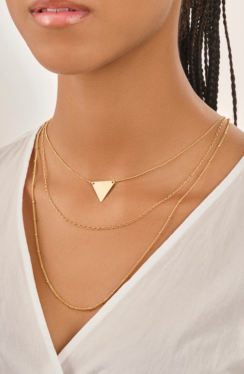 Sterling Forever Triple Chain Layered Triangle Necklace, Alternate, color, Gold