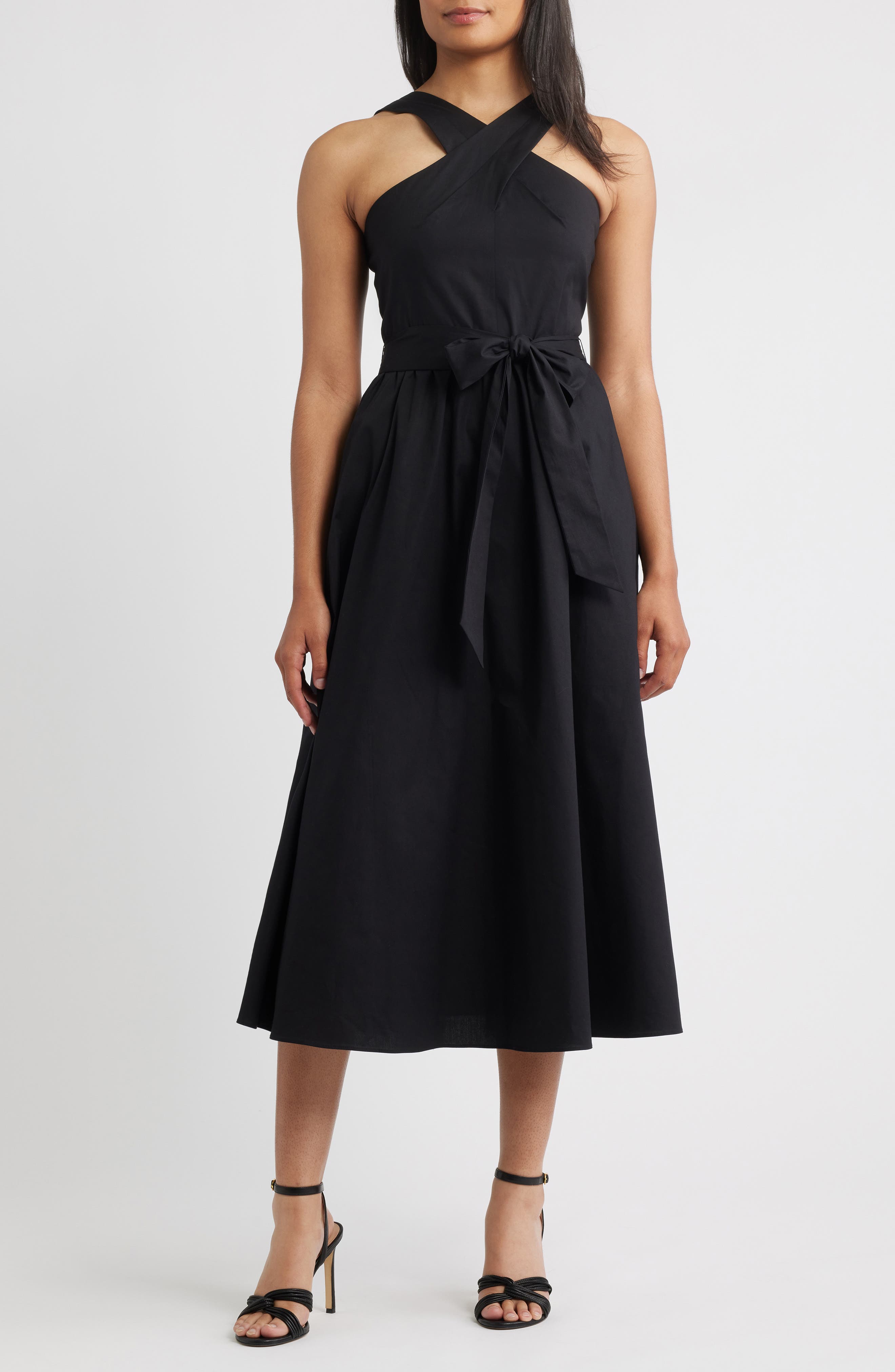 criss cross halter dress midi Bcbg Women's Criss-Cross Halter Neck Bandage Midi Dress - Black
