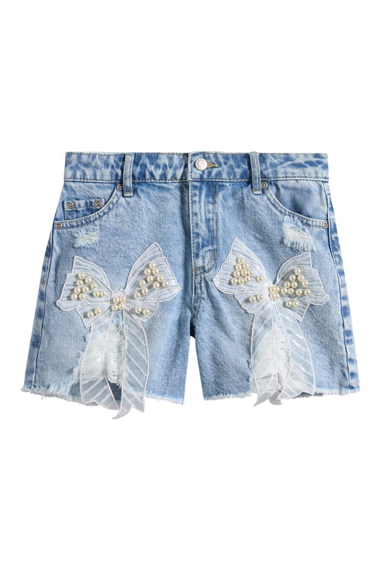 Kids' Faux Pearl & Sequin Bow Denim Cutoff Shorts, Main, color, WASHED INDIGO