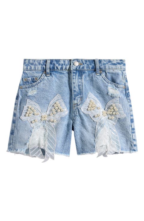 Kids' Faux Pearl & Sequin Bow Denim Cutoff Shorts (Big Kid)