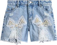 Tractr Kids' Faux Pearl & Sequin Bow Denim Cutoff Shorts