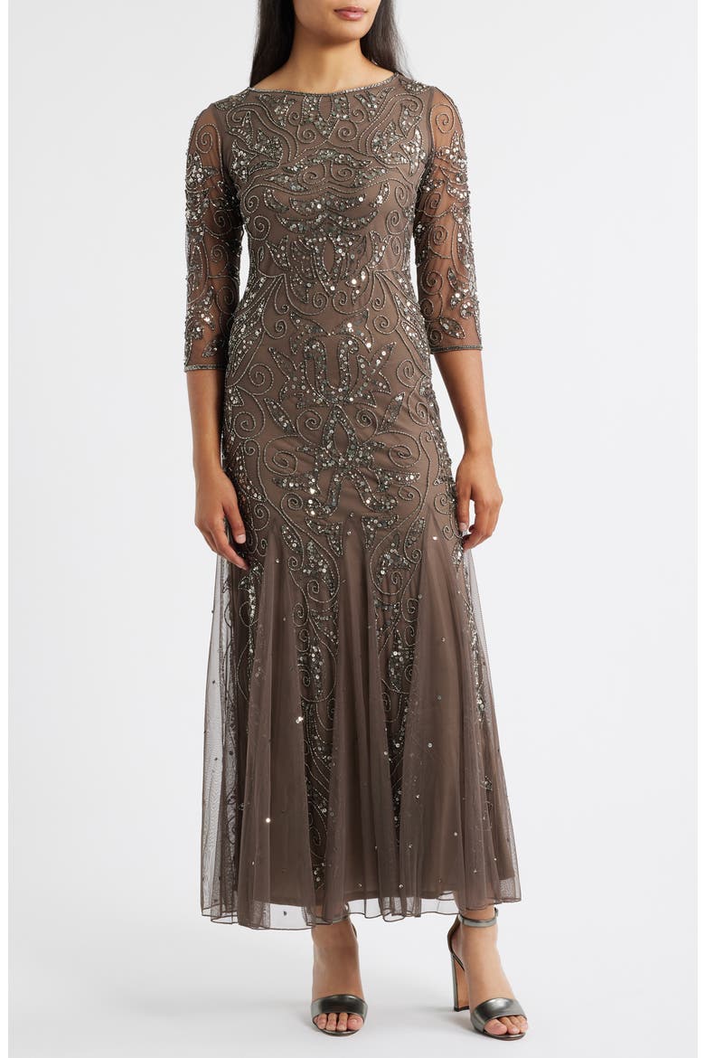 Illusion Sleeve Beaded A-Line Gown, Main, color, MOCHA