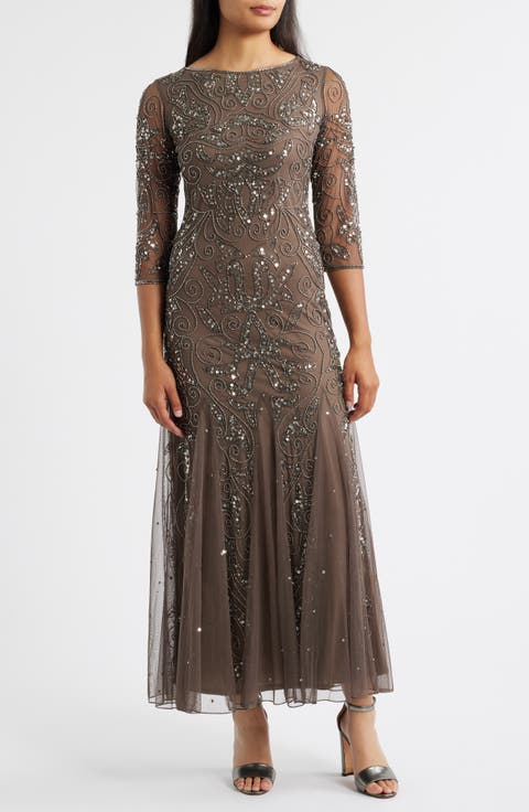 Illusion Sleeve Beaded A-Line Gown (Regular & Petite)