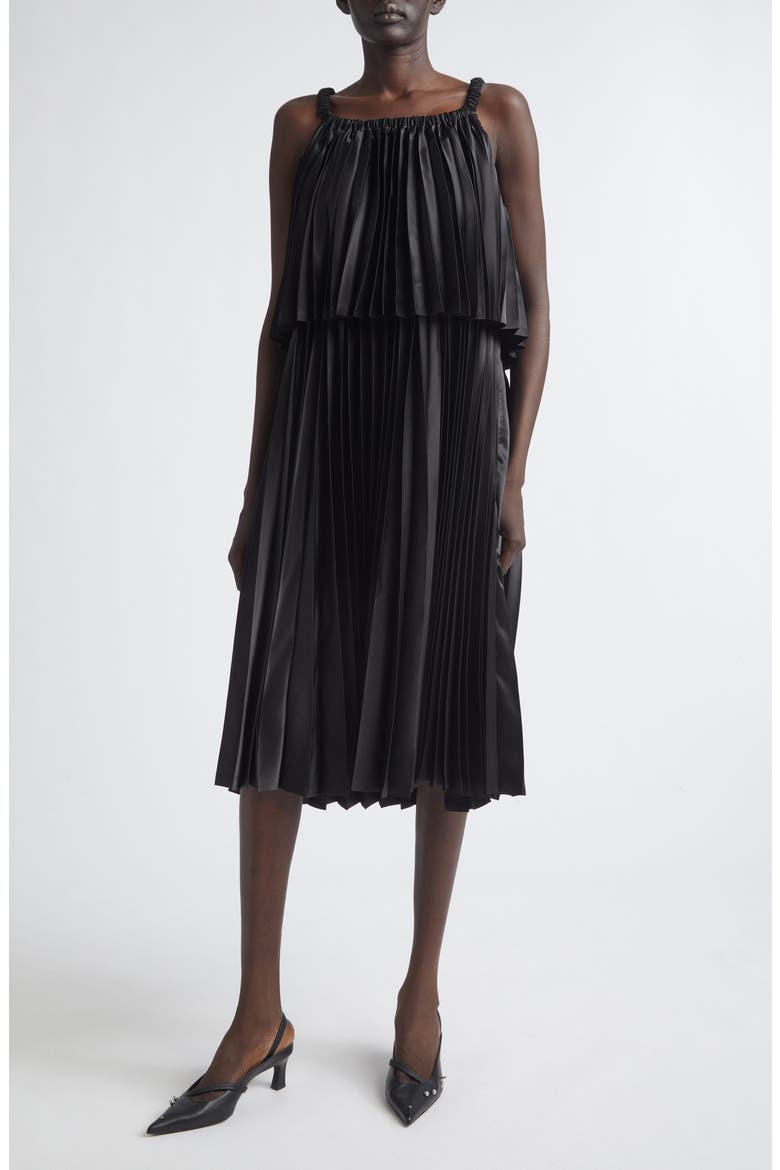 Pleated Satin Midi Dress, Main, color, BLACK