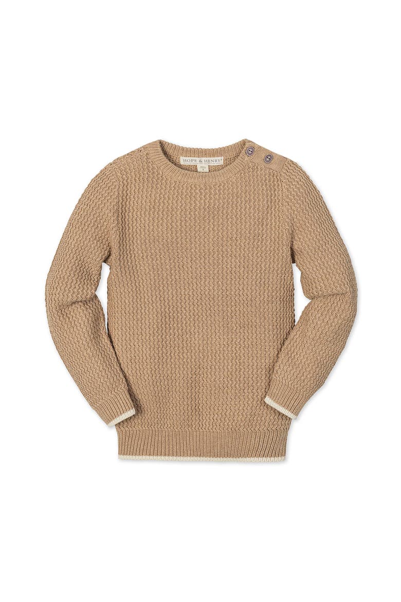 Kids' Organic Long Sleeve Crewneck Sweater with Buttons, Alternate, color, Camel Heather Herringbone