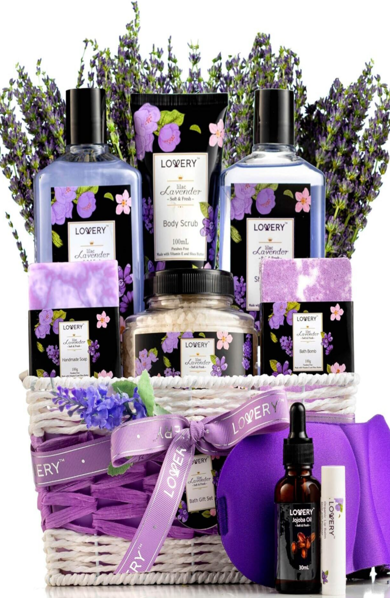 Lovery Lavender & Lilac Spa Gift Basket with Sleep Mask, Main, color, Purple
