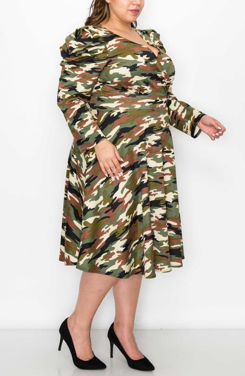 L I V D Statement Shoulder Long Sleeve Stretch Fit & Flare Dress In Camo