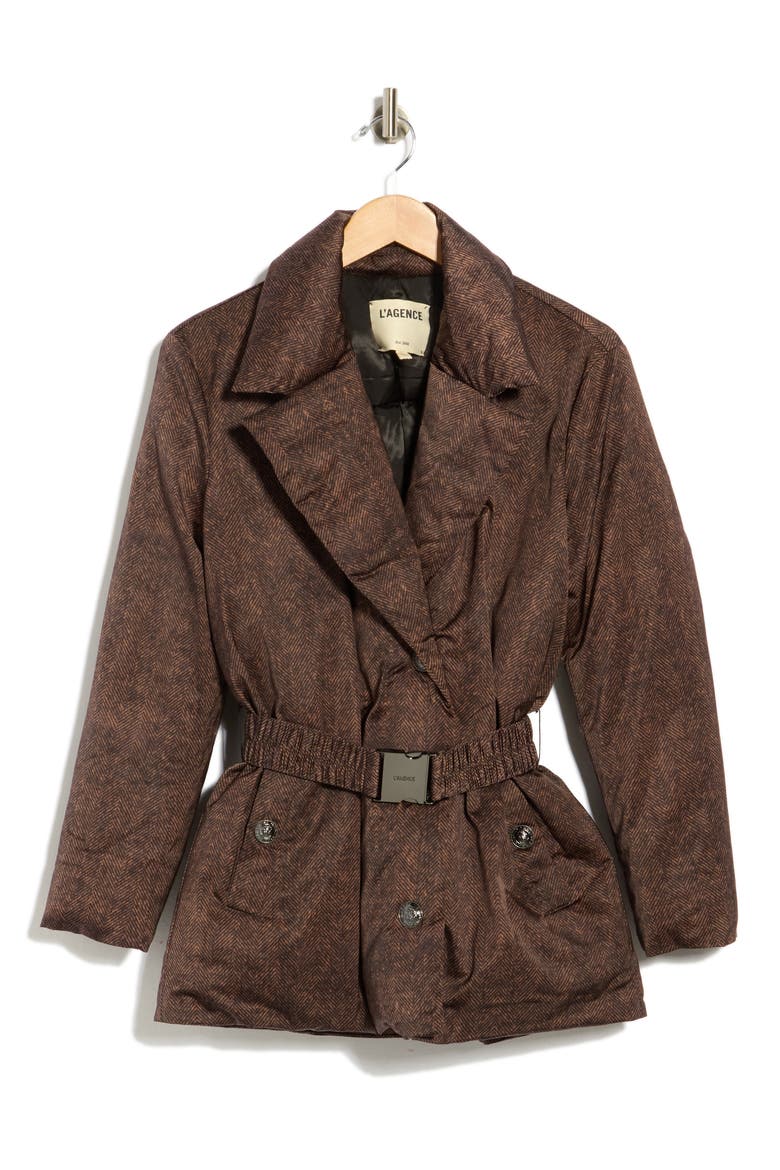 Willene Herringbone Belted Puffer Coat, Main, color, BROWN HERRINGBONE PRINT