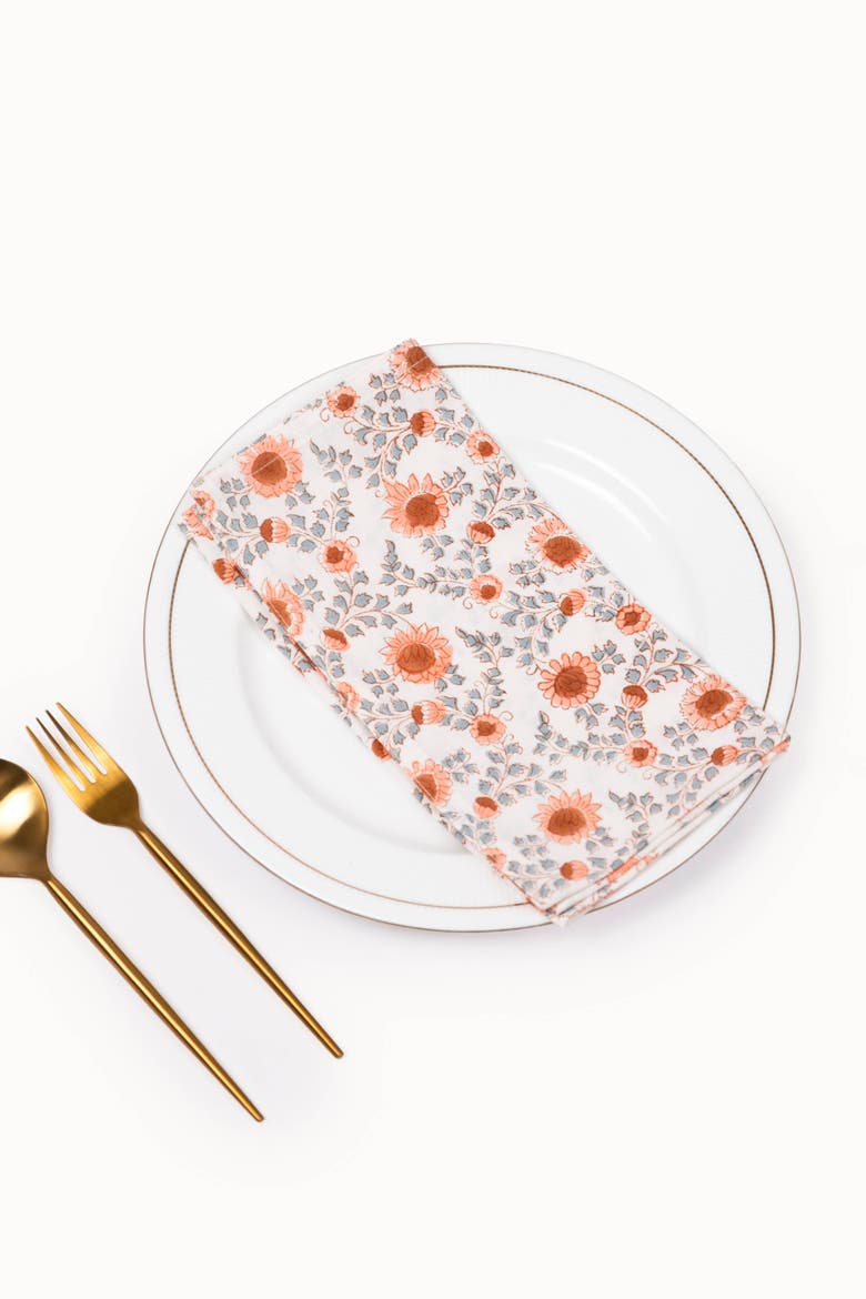 Bloom Floral Block Print Napkins Set of 4, Alternate, color, Terracotta