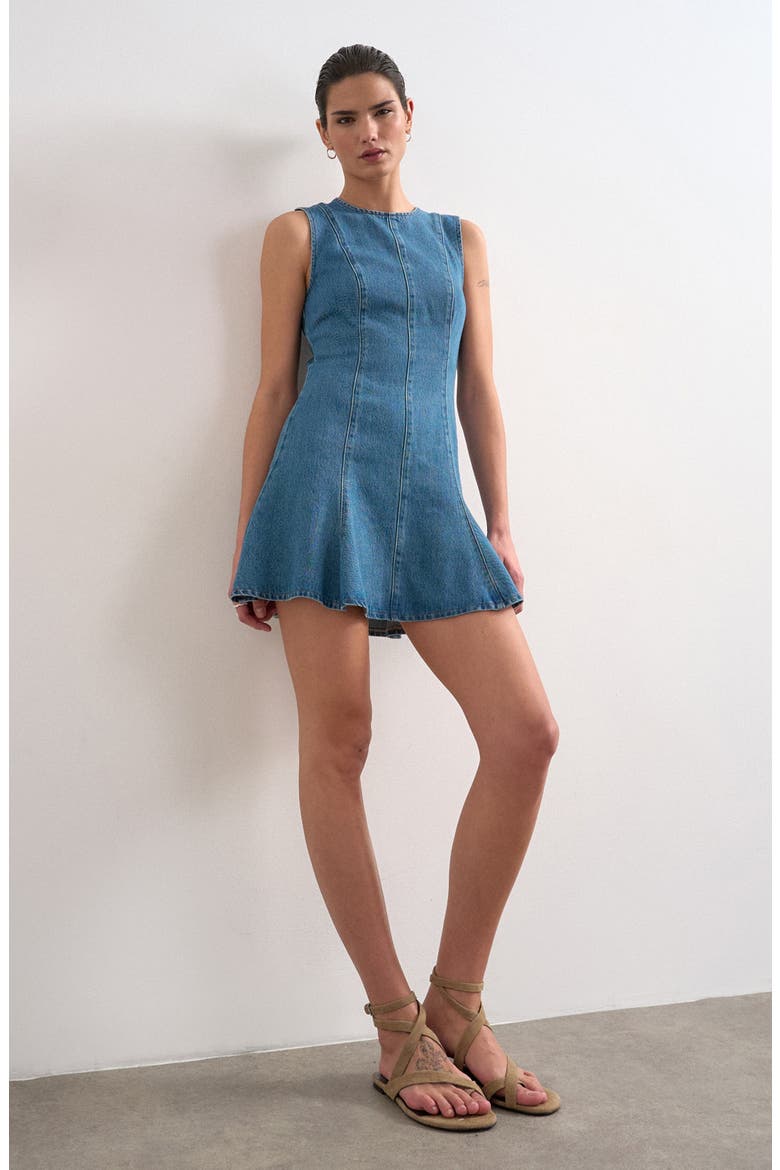 Denim Fit & Flare Dress, Main, color, MBLUE