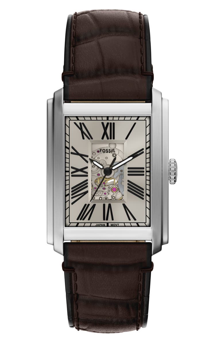 Fossil Carraway Open Heart Leather Strap Watch, 30mm x 42mm, Main, color, Brown/ White