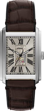 Fossil Carraway Open Heart Leather Strap Watch, 30mm x 42mm