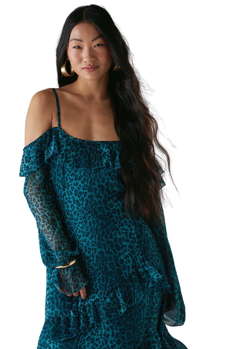 Ruffle Cold Shoulder Midi Dress, Alternate, color, Leopard