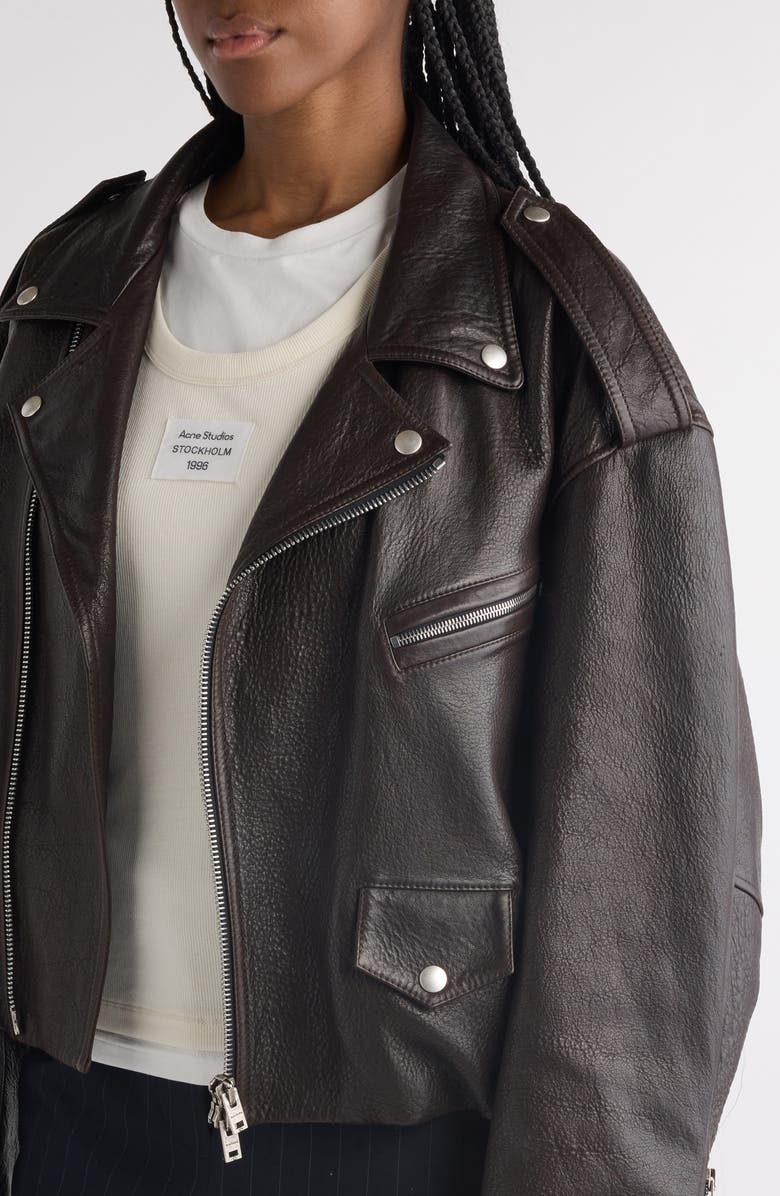 Acne Studios Liso Leather Crop Moto Jacket, Alternate, color, Dark Brown