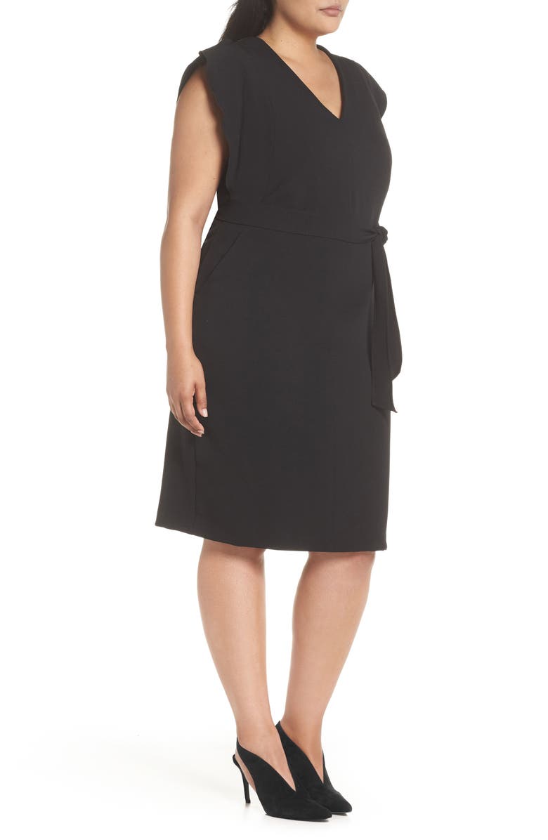 Eliza J Flutter Sleeve Belted Crepe Sheath Dress, Alternate, color, 