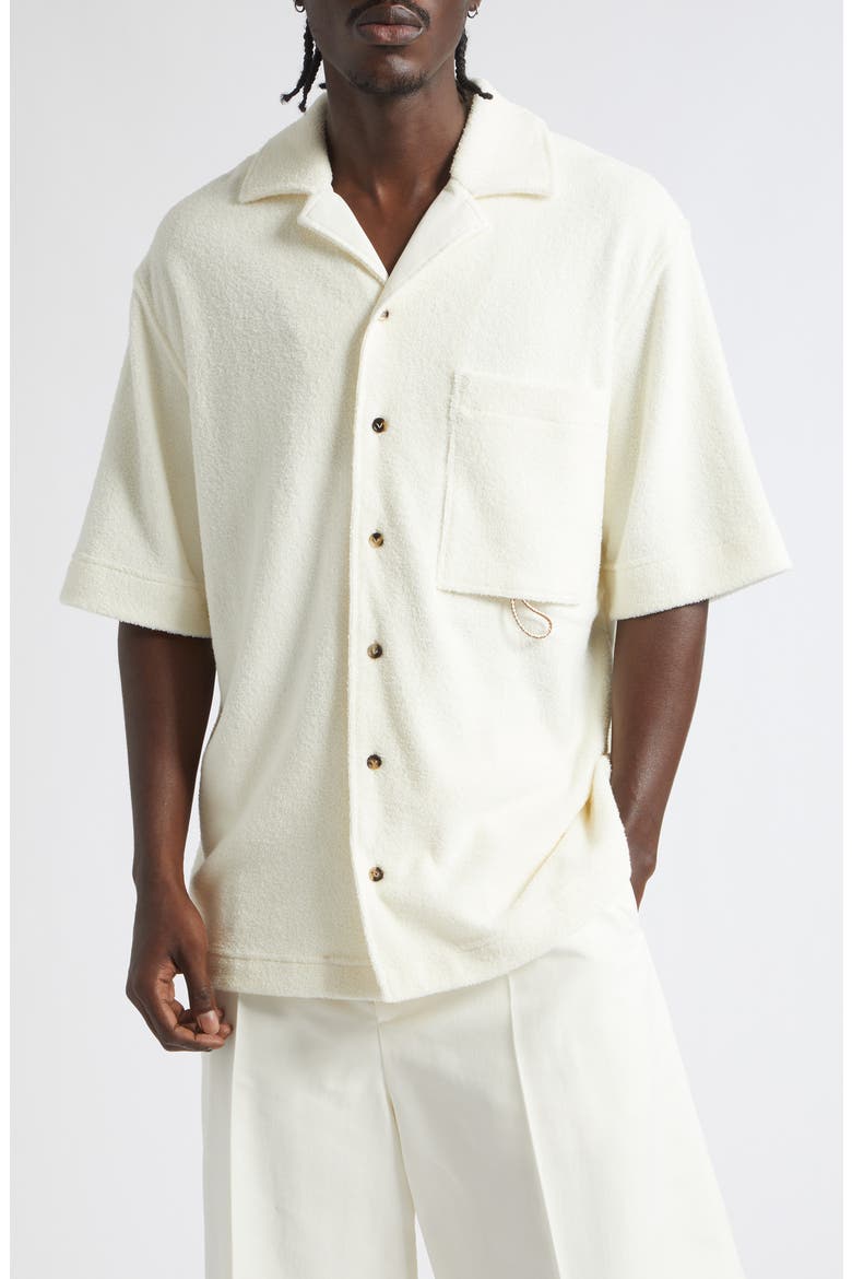 Short Sleeve Cotton Blend Terrycloth Button-Up Shirt, Main, color, PARCHMENT