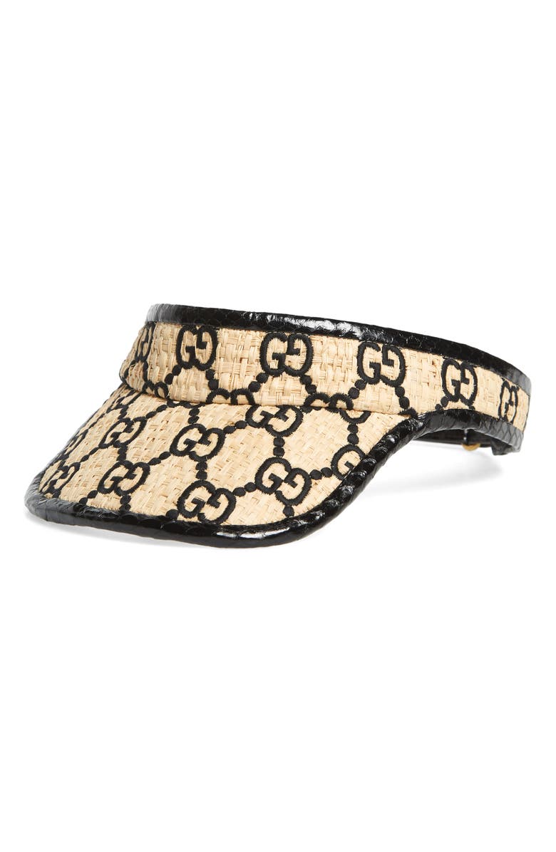 Gucci Afraa Genuine Snakeskin Trim GG Embroidered Raffia Visor, Main, color,