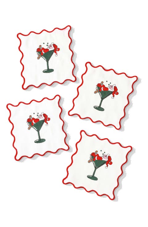 Set of 4 Embroidered Santa Sips Linen Cocktail Napkins