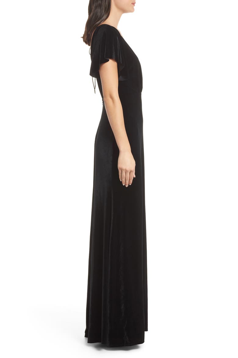 Ellis Flutter Sleeve Stretch Velvet Gown, Alternate, color, BLACK
