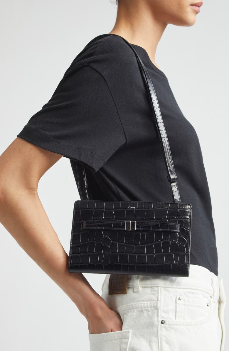 TOTEME Belted Croc Embossed Leather Crossbody Bag, Alternate, color, Black