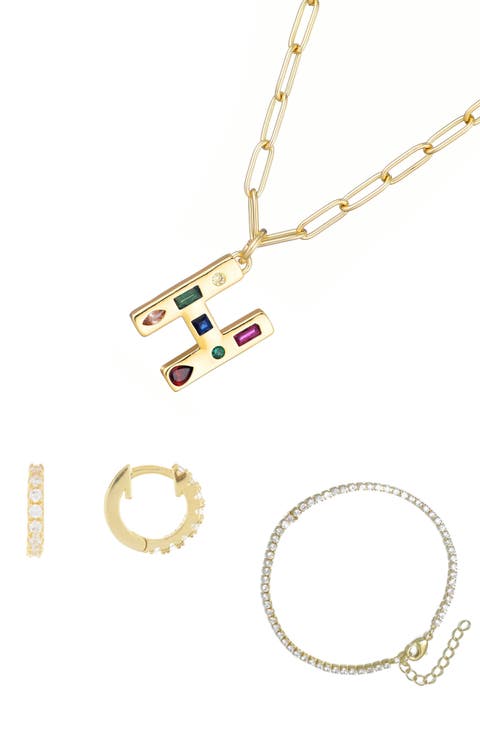 3-Piece Initial Necklace, Earrings & Bracelet Set