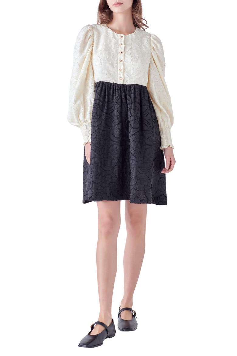 Floral Textured Long Sleeve Dress, Main, color, IVORY/ BLACK