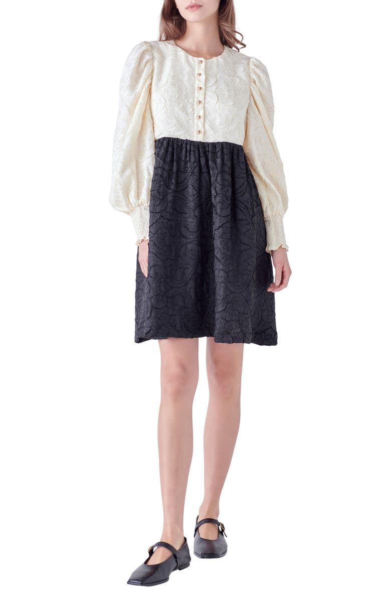 English Factory Floral Textured Long Sleeve Dress, Main, color, Ivory/ Black