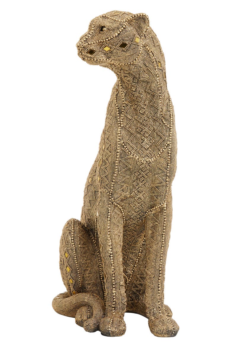 Goldtone Polystone Glam Leopard Sculpture with Diamond Shaped Mirrored Accent, Alternate, color, GOLD