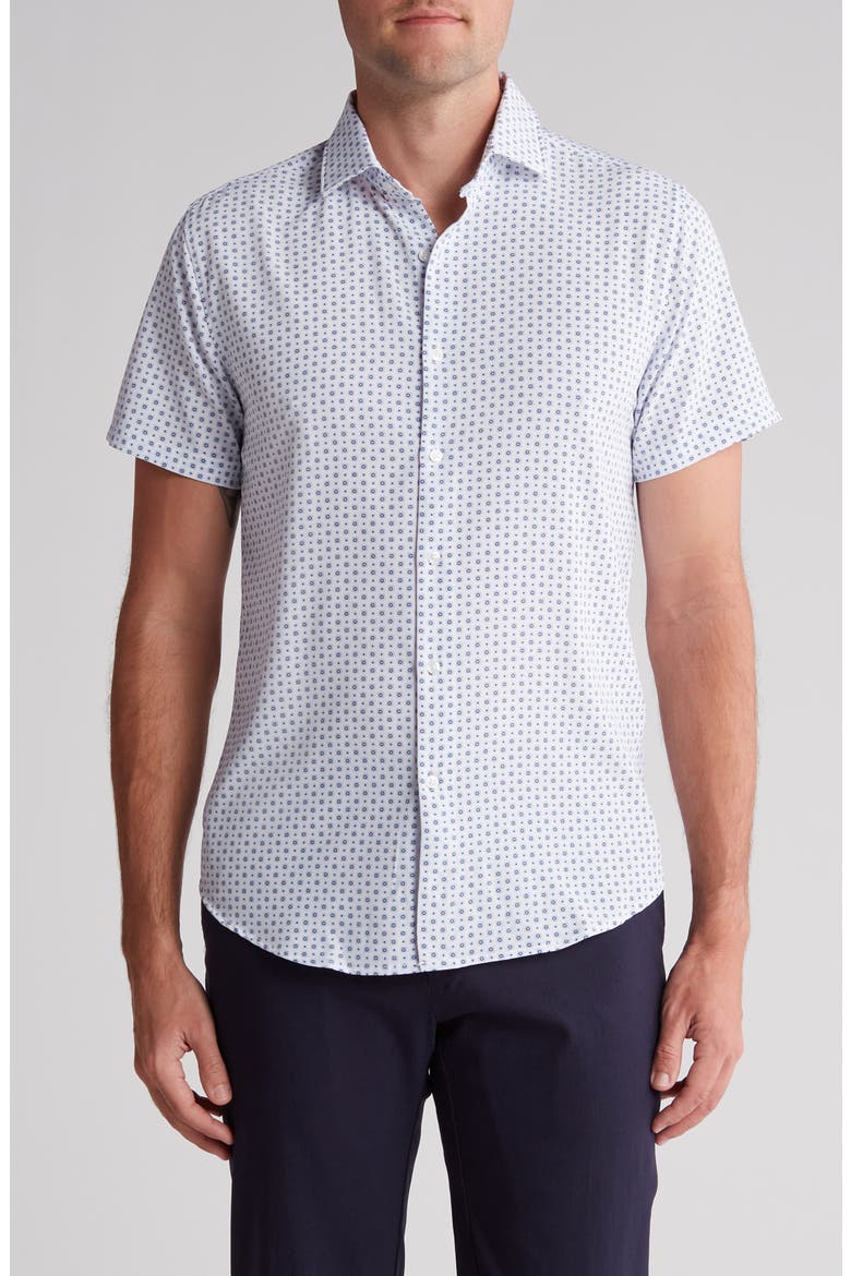 Geometric Dressy Tech Short Sleeve Button-Up Shirt, Main, color, BLUE