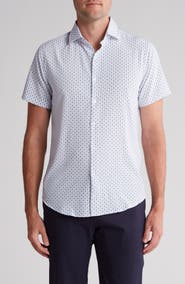 DENIM AND FLOWER Geometric Dressy Tech Short Sleeve Button-Up Shirt