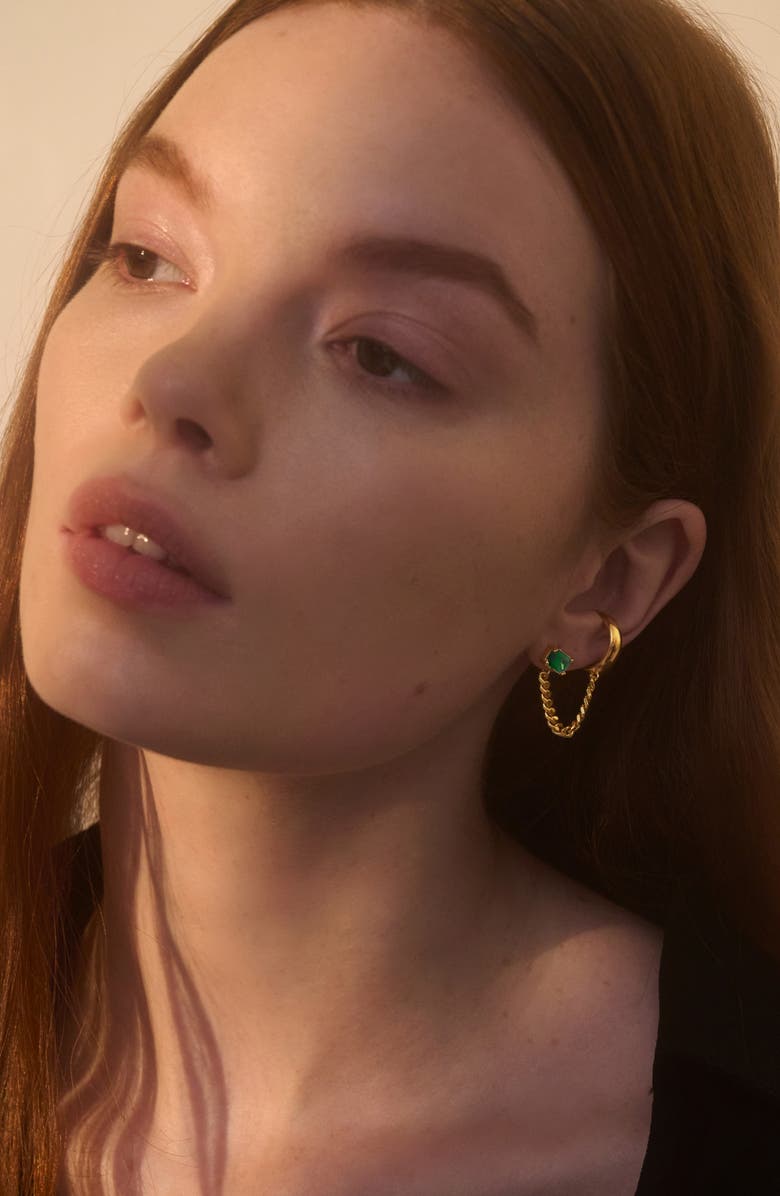 Lady Grey Cubic Zirconia Tether Chain Cuff Earring, Alternate, color, Gold/ Green