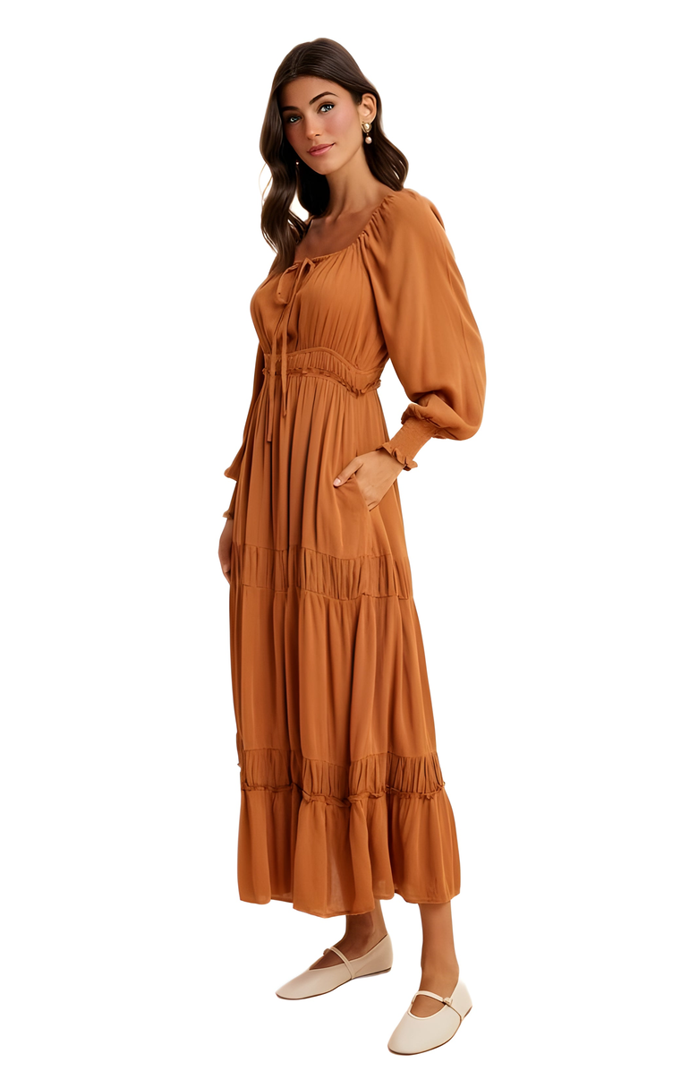 Knit and Lounge Tiered Smocked Waist Long Sleeve Maxi Dress, Alternate, color, 