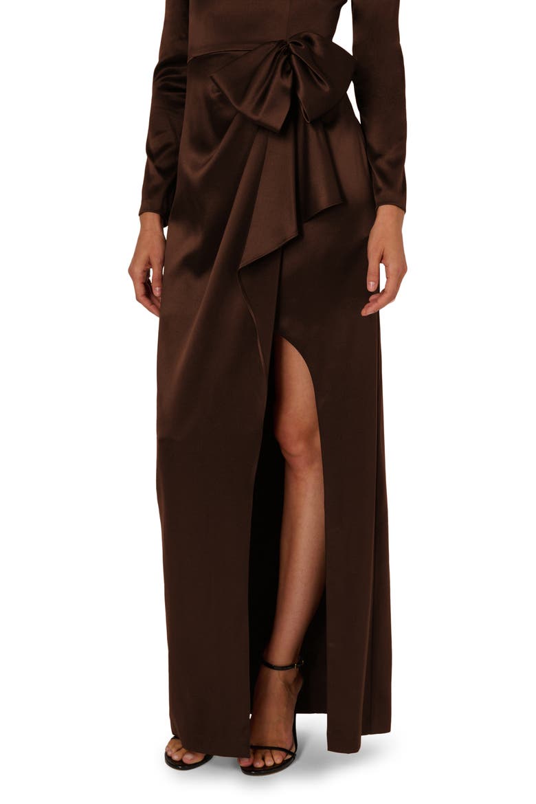 Side Bow Long Sleeve Stretch Satin Gown, Alternate, color, CHOCOLATE