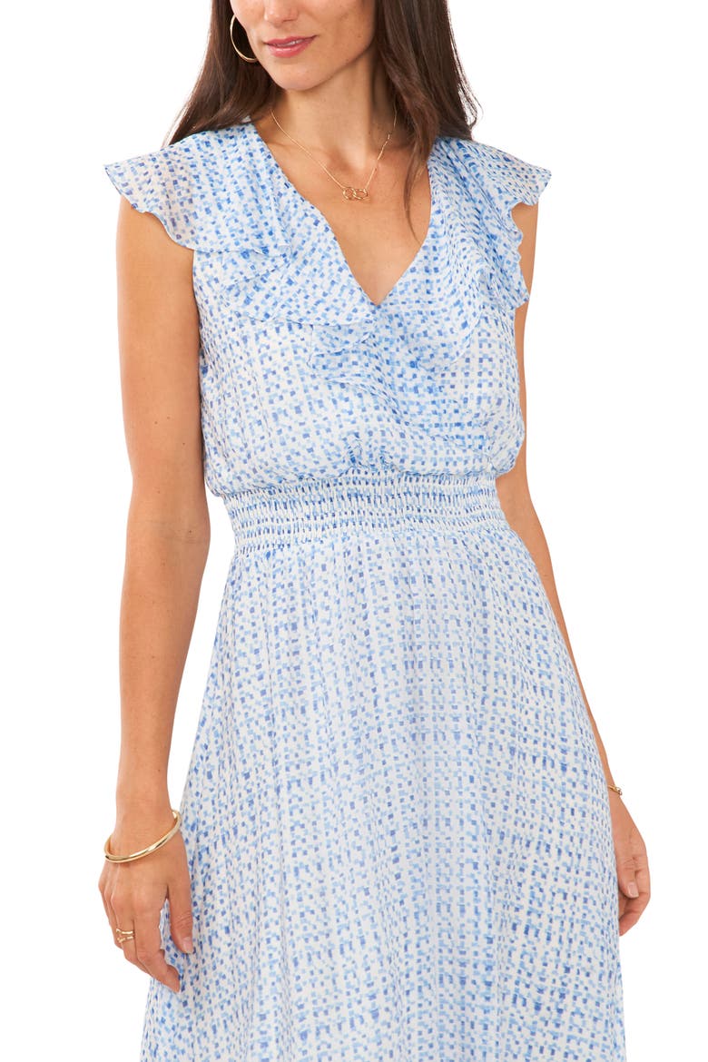 Geometric Print Smocked Waist Midi Dress, Alternate, color, AIRY BLUE