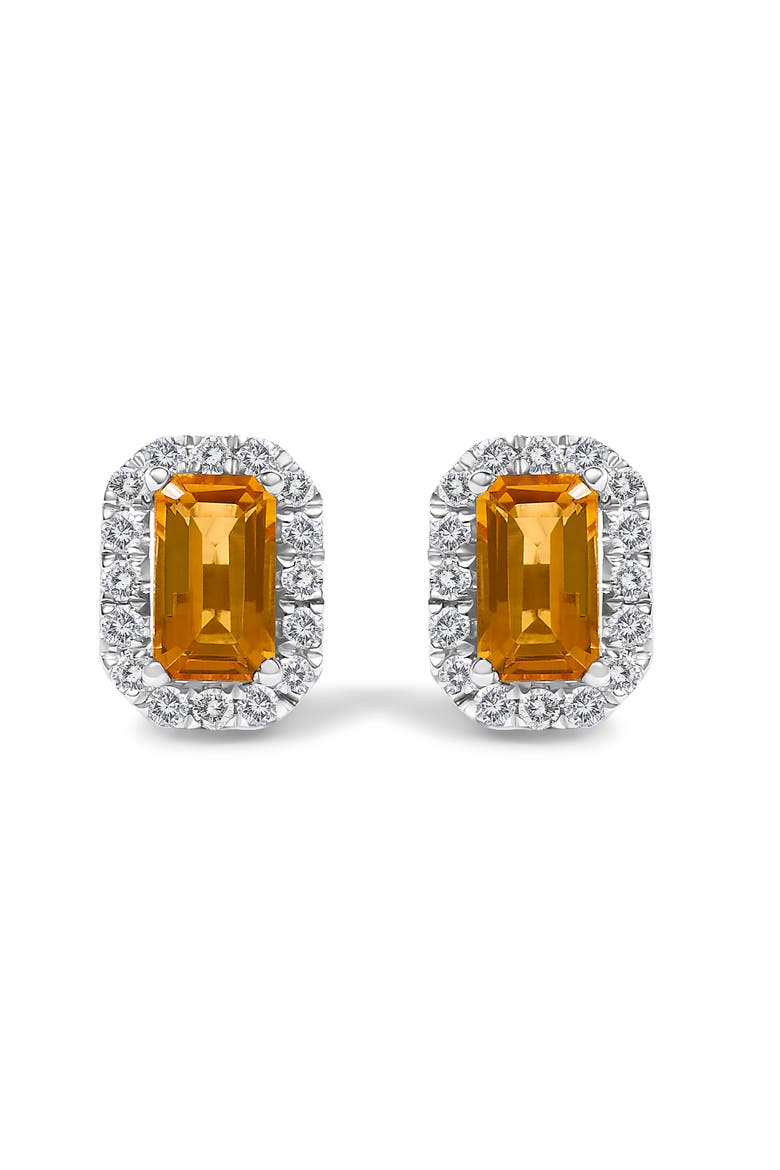 10K Gold 5x3mm Emerald-Cut Gemstone and 1/7 Cttw Diamond Halo Octagonal Stud Earrings, Main, color, Orange Citrine | White