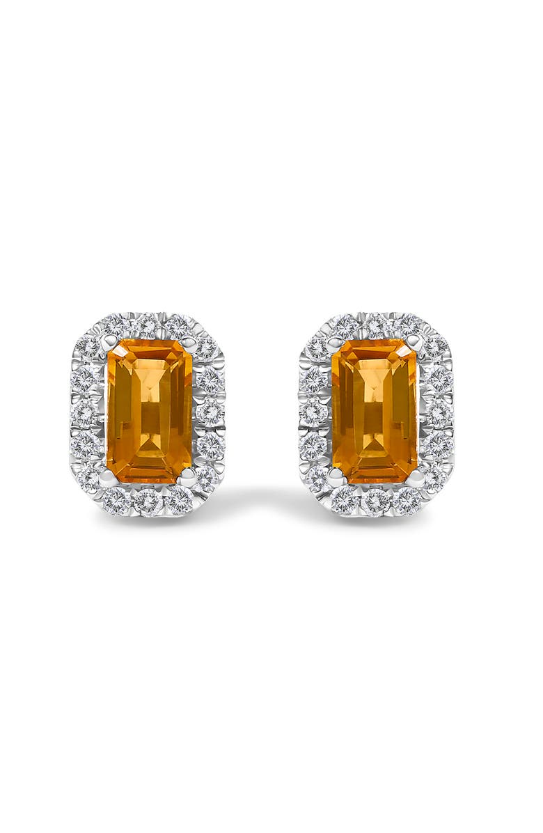 Haus of Brilliance 10K Gold 5x3mm Emerald-Cut Gemstone and 1/7 Cttw Diamond Halo Octagonal Stud Earrings, Main, color, Orange Citrine | White