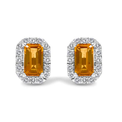 10K Gold 5x3mm Emerald-Cut Gemstone and 1/7 Cttw Diamond Halo Octagonal Stud Earrings