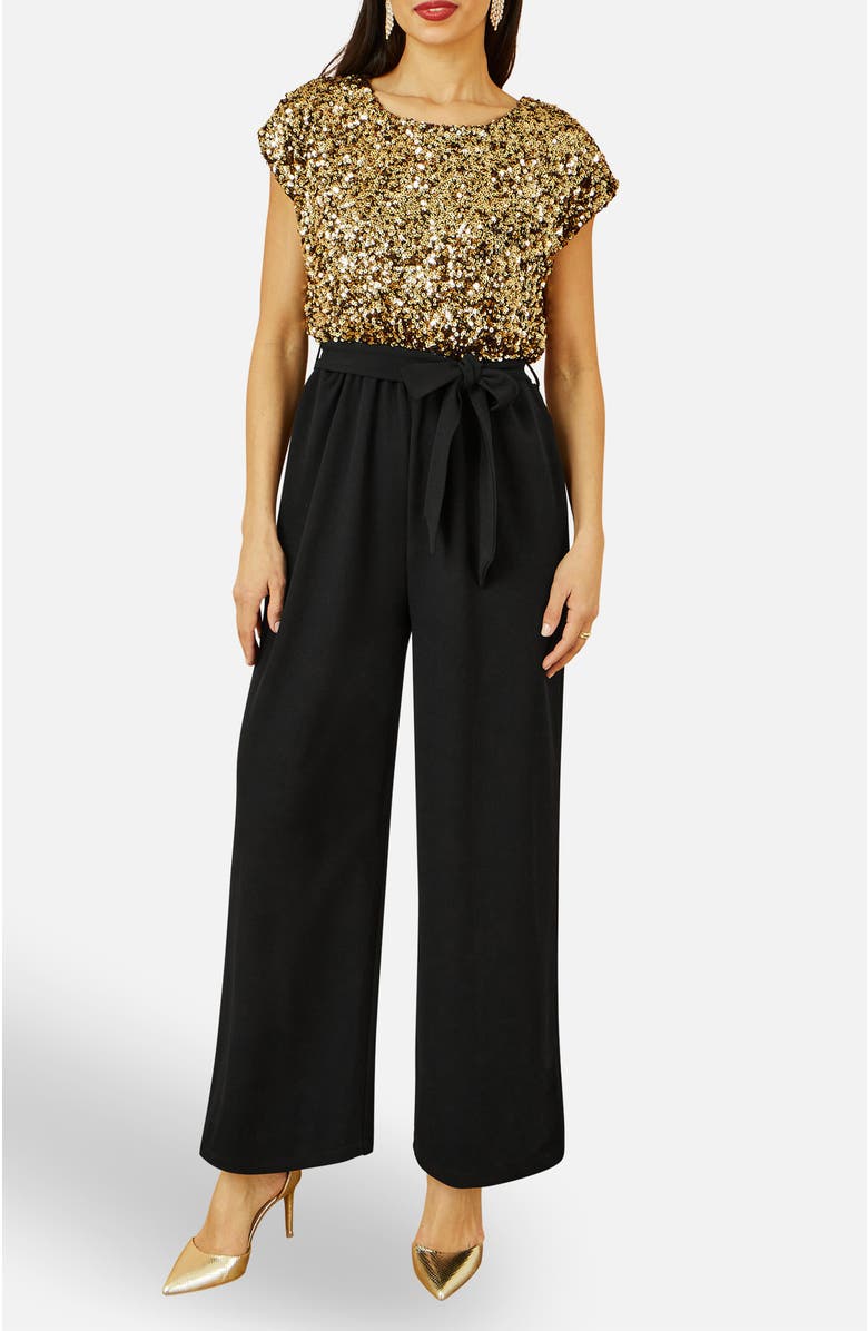 Yumi Sequin Top Stretch Jumpsuit, Alternate, color, Gold