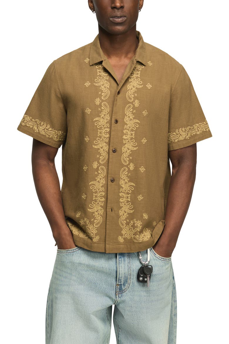 Embroidered Paisley Camp Shirt, Main, color, KANGAROO