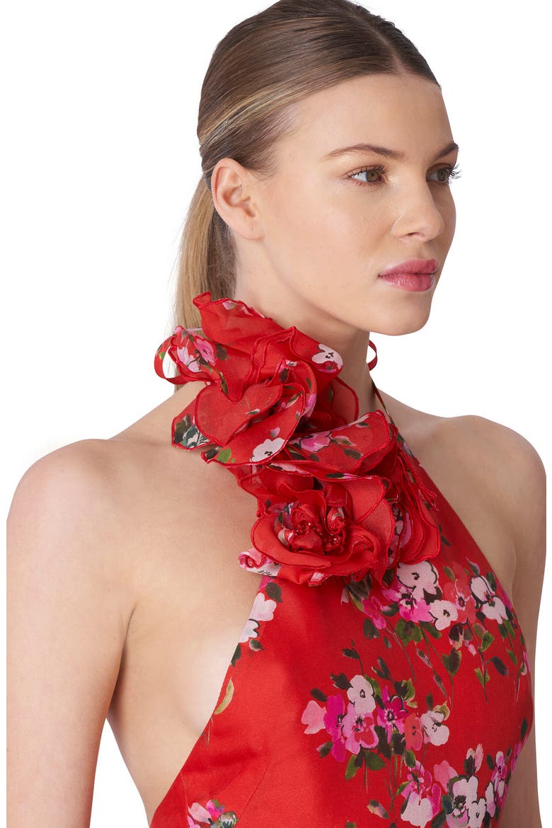 Pleated Halter Neck Floral Print Handkerchief Hem Silk Gown, Alternate, color, POPPY-MULTI