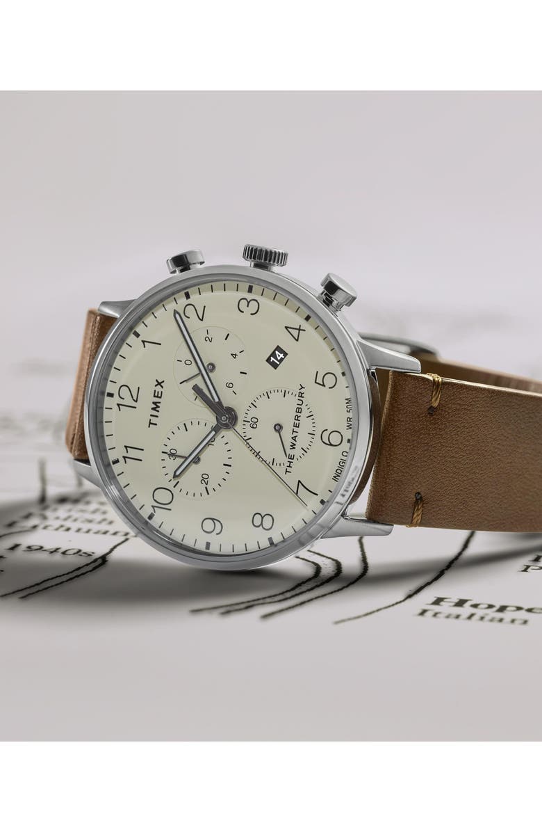 Timex<sup>®</sup> Waterbury Classic Chronograph Leather Strap Watch, 40mm, Alternate, color, 