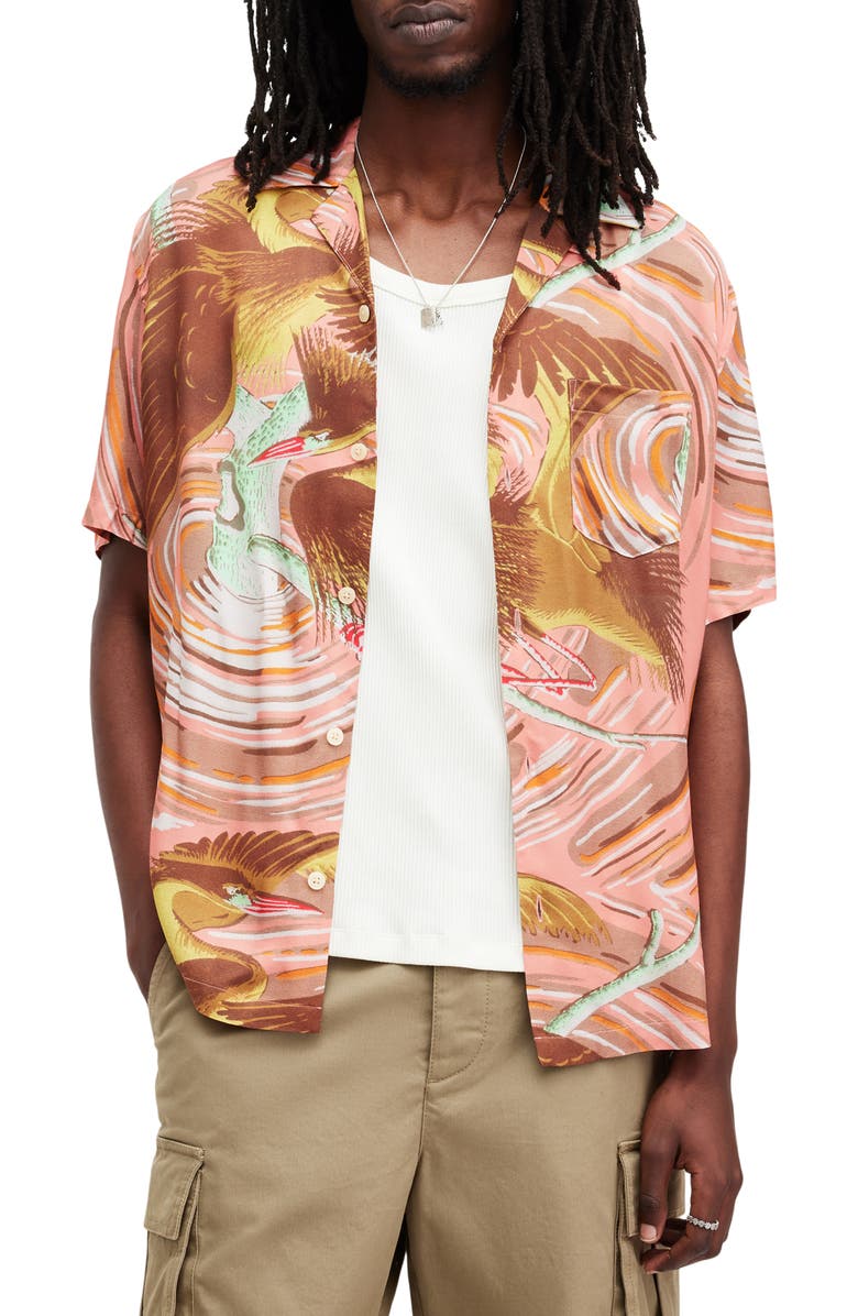 AllSaints Matsuri Short Sleeve Camp Shirt, Main, color, Paradise Pink
