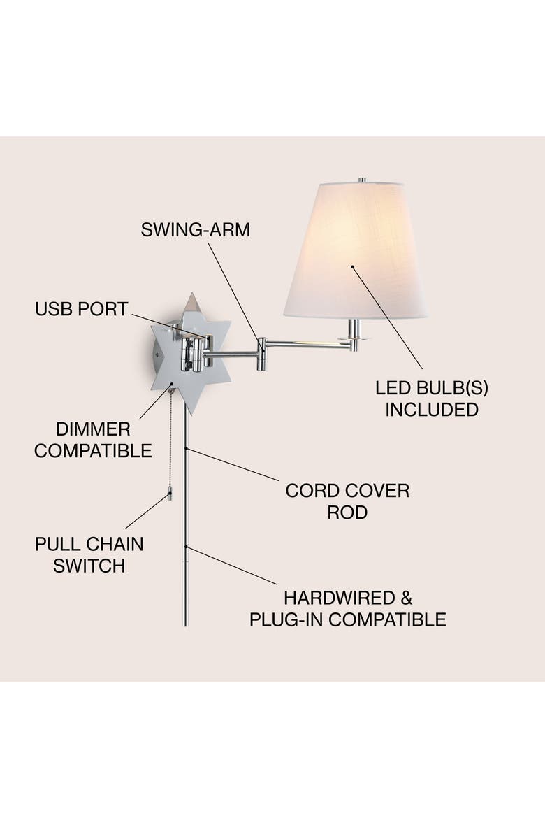 David 1-Light Modern French Country Swing Arm Plug-In or Hardwired Iron LED Star Wall Sconce with Pull-Chain and USB Charging Port, Alternate, color, Chrome/Grey