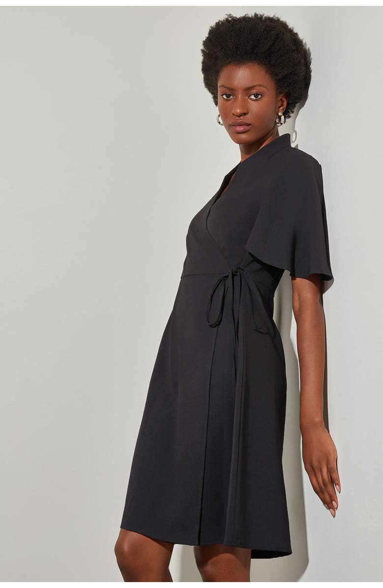 Ming Wang Butterfly Sleeve Crepe de Chine Wrap Dress, Alternate, color, Black