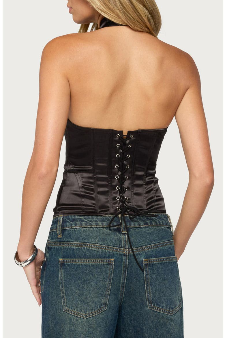 Yaeva Cutout Lace-Up Halter Corset Top, Alternate, color, BLACK