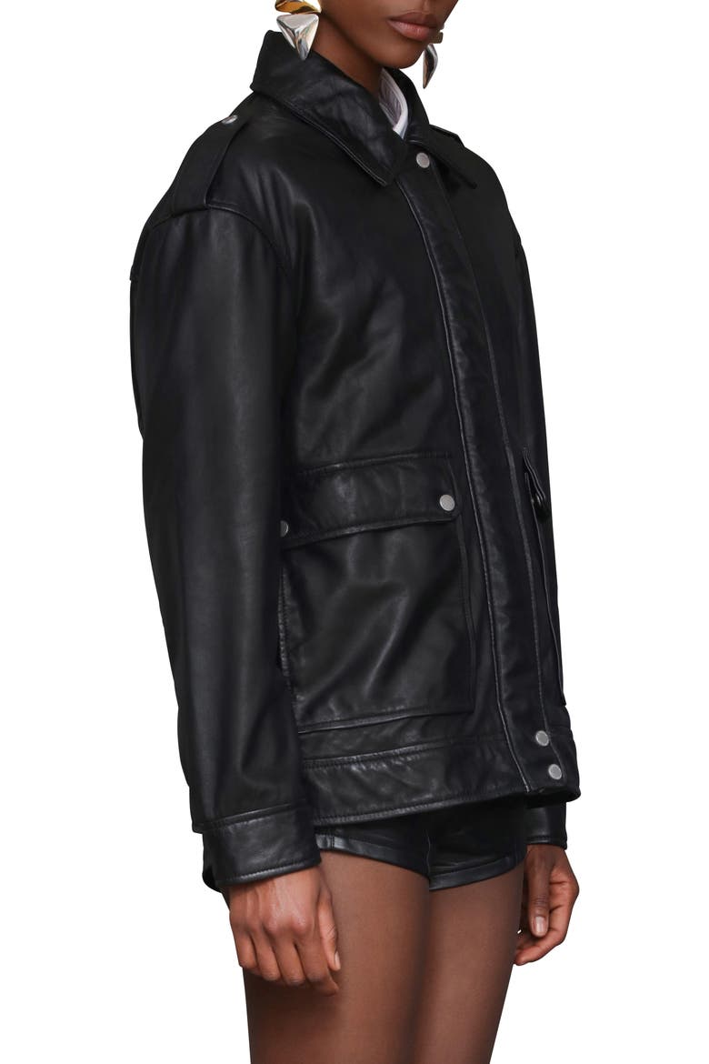 Pieced Back Leather Bomber Jacket, Alternate, color, BLACK