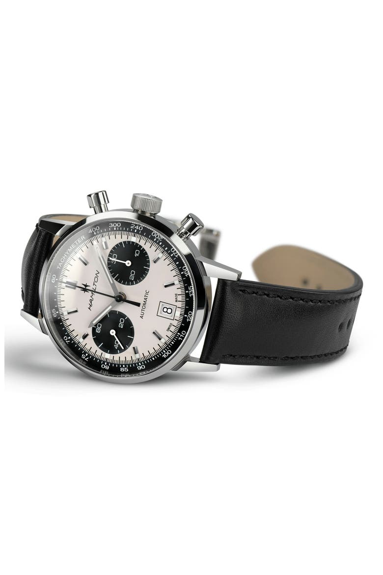 American Classic Intra-Matic Automatic Chronograph Leather Strap Watch, 40mm, Alternate, color, WHITE