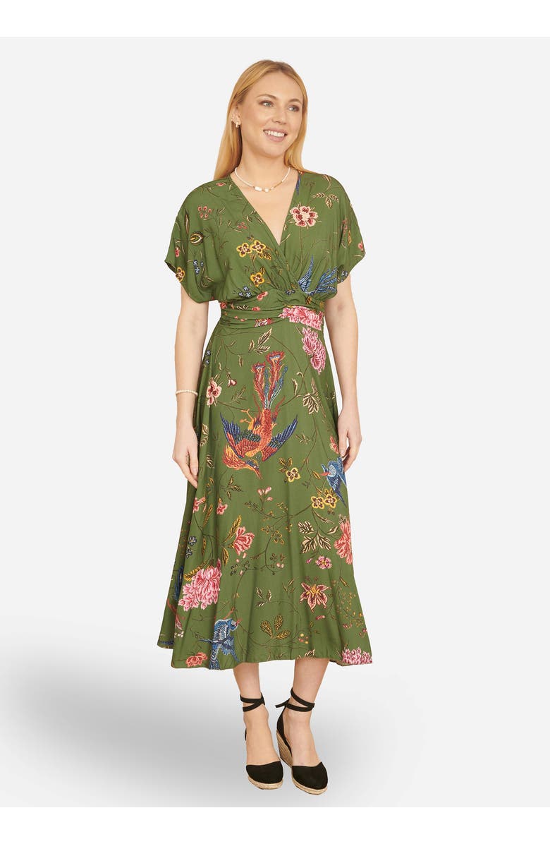Yumi Ruched Waist Kimono Sleeve Midi Dress, Main, color, Green